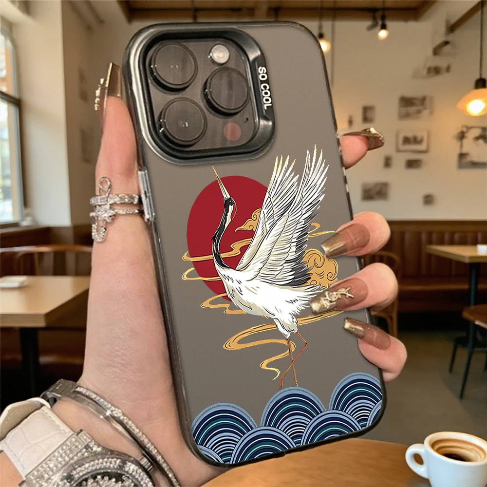 Противоударный чехол для телефона Red Sun White Crane для Iphone 16, 15, 14, 13, 12, 11 Pro Max/Mini, твердый переплет премиум-класса с защитой от царапин