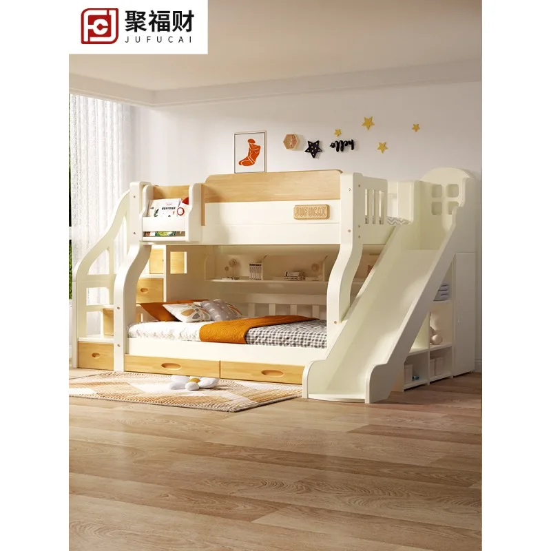 Full solid wood children's bed, small unit size, double bed with upper and lower bunk beds, adult parent-child sliding slide