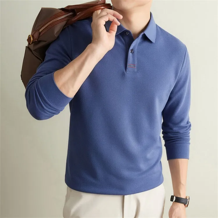 100% Mercerisierte Baumwolle Einfarbiges Business-Casual-Oberteil Herren Old Money Style Langarm-Poloshirt – Detail 30