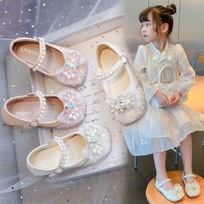 

Flowers Princess Flat Children's Shoes for Girl Mary Jane Kids Party Shoes Student Fashion Pearl Rhinestone Bow Leather Shoes