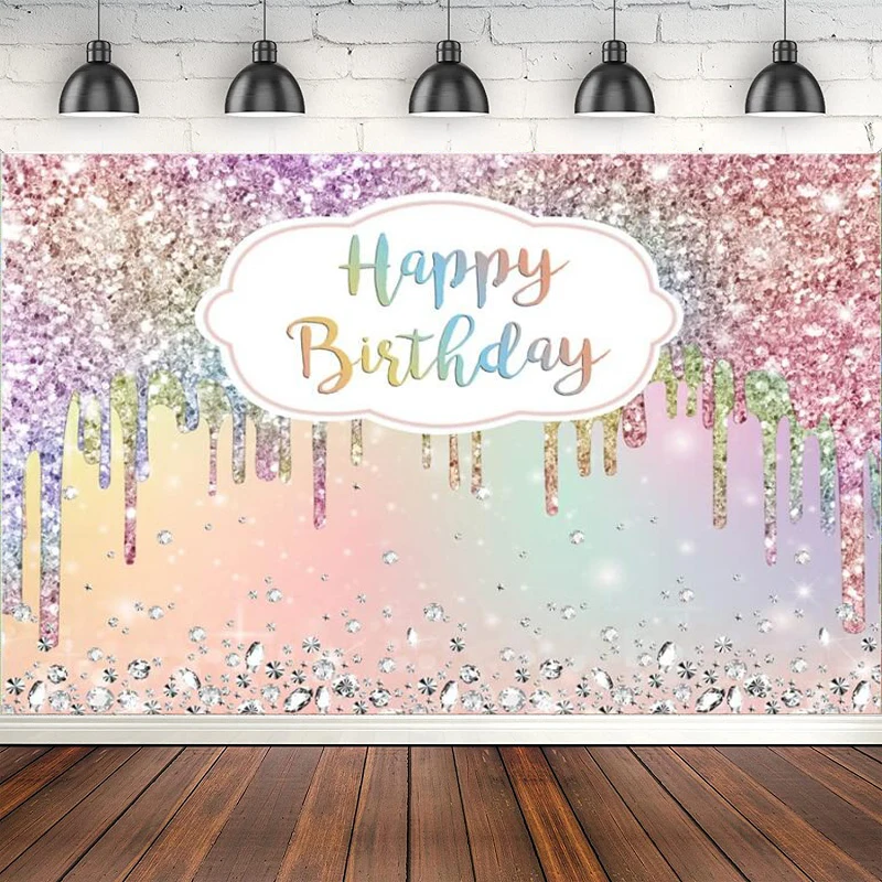 

Photography Backdrop Glitter Rainbow Colorful Bokeh Background For Shinning Silver Diamonds Birthday Decor Cake Table Banner