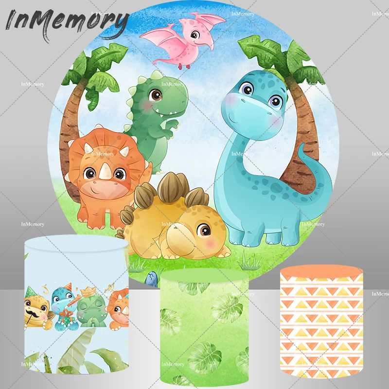 

Cartoon Dinosaur Round Backdrop Circle Cover Jungle Party Baby Boy Birthday Party Background Decoration Cylinder Cover