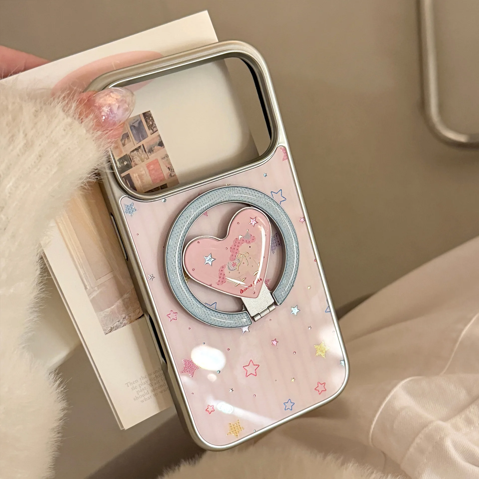 Koreanische Bunte Sterne Faltbare Herz-Magnethalterung Handyhülle für iPhone 17 Air 15 13 14 16 12 Pro Max Stoßfeste Hartschale