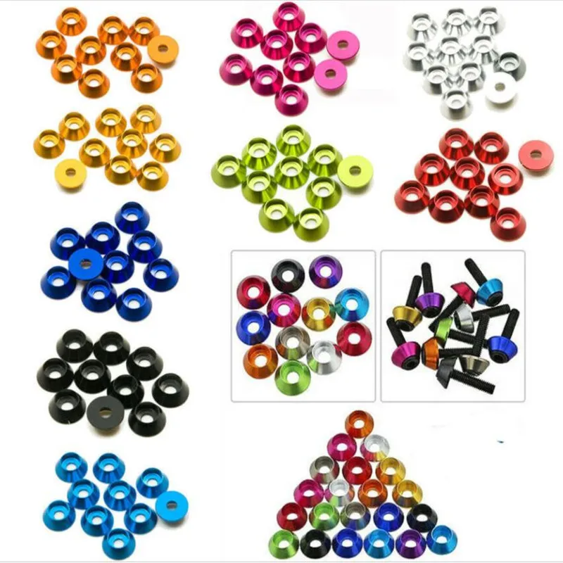 10-50 قطعة/الوحدة الألومنيوم غطاء مخروطي غسالة m2 m2.5 M3 M4 M5 M6 M8 Corlorful سبائك الألومنيوم غطاء رئيس طوقا غسالة لقطع RC #5