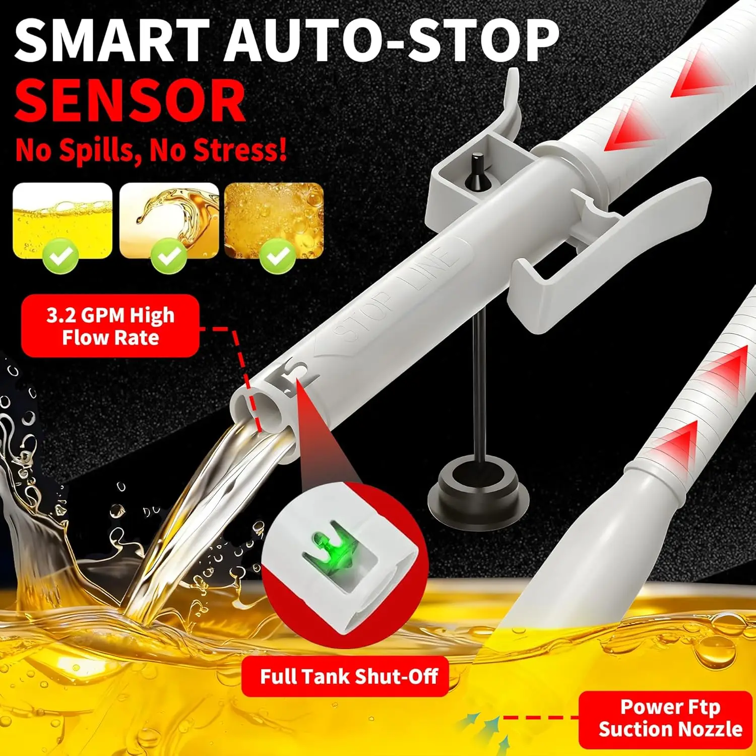 Automatic Fuel Transfer Pump with Auto-Stop, 51'' Hose, 3.2 GPM, Battery Powered, 4 Adapters for Gasoline Diesel Oil