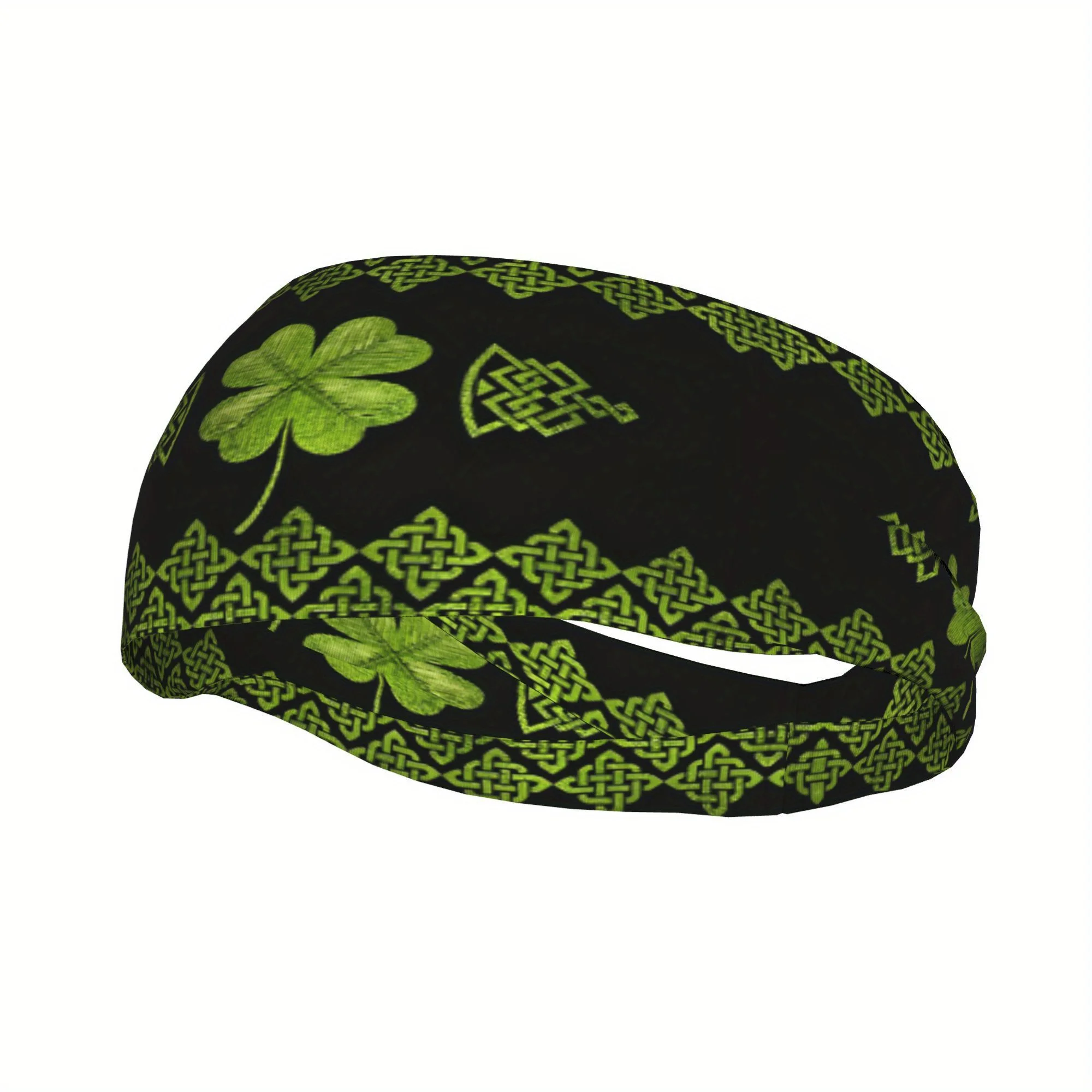 Headband for Men Irish Celtic Knot with Four Leaf Clover Black Green Geometric Design Polyester Sports Headwear Irish Accessorie