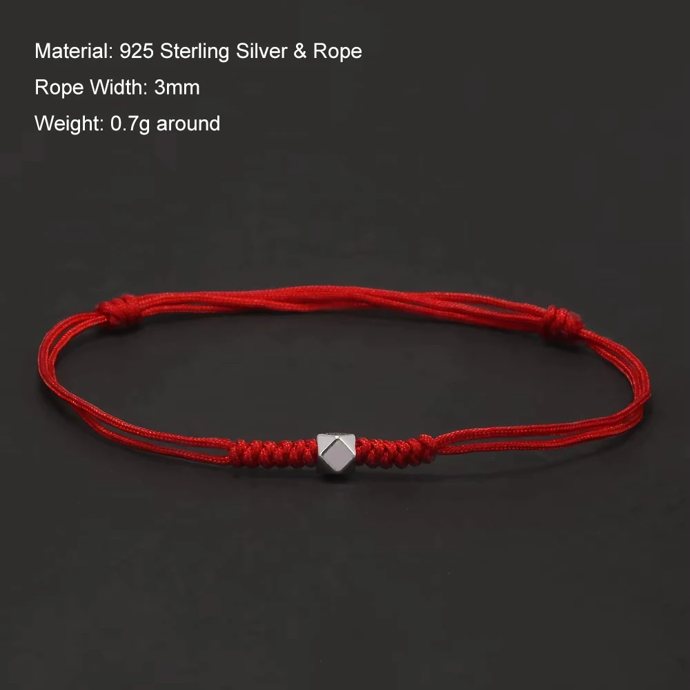 925 Sterling Silver Bead Charm Rope Braided Bracelet Red Black Handmade Adjustable String Wristband Unisex Vintage Lucky Jewelry