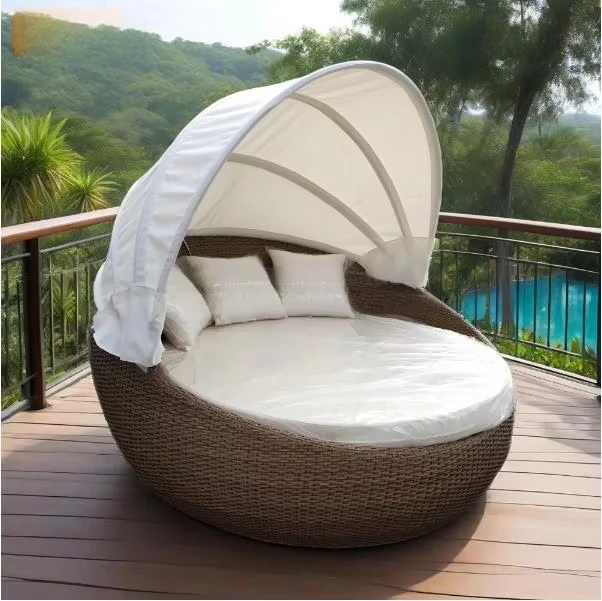 Pool Rattan Outdoor Furniture Patio Round Daybed Fabric Canopy Wicker Daybed Round Lounger Balcony Leisure Garden Cover Sunbed