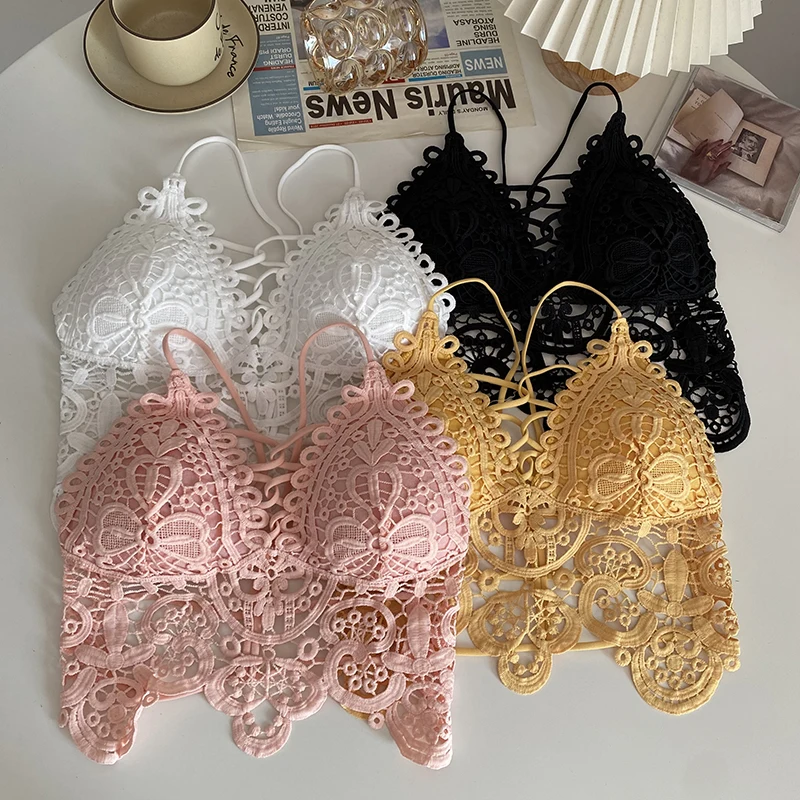 Women Summer Sexy Hollow Out Lace Irregular Bra Crop Top Off Shoulder Underwear New Tank Top Backless Female Elastic Inner Camis