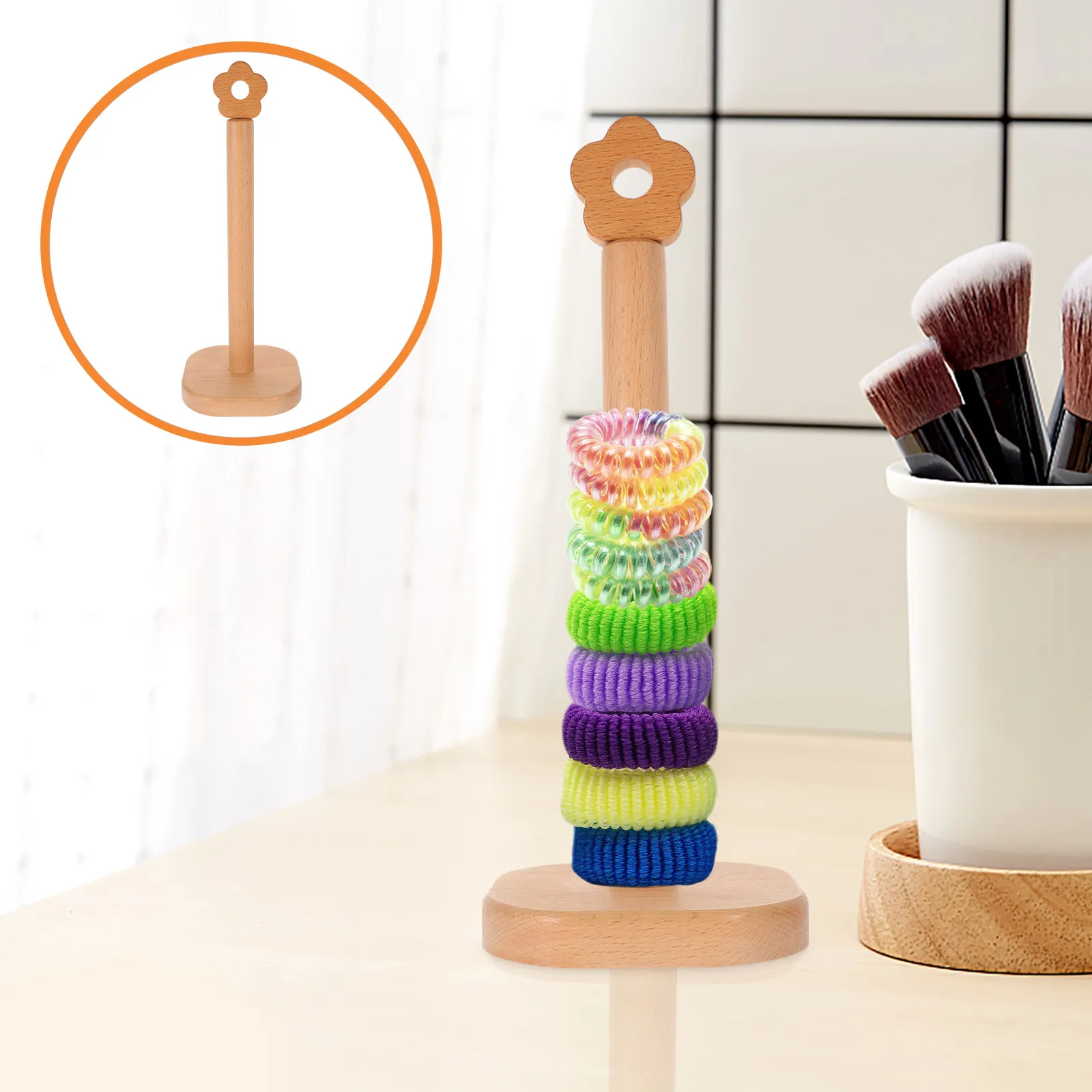 

Modern Wooden Hair Tie Holder Scrunchie Organizer Stand Vertical Tower Design for Hairbands Bracelets Paper Towel Display