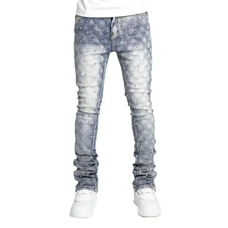 Personality Stacked Jeans for Men Slim Fit Stretchy Pearls Denim Laminated Pants for Men Fashion Straight Man\'s New Jeans