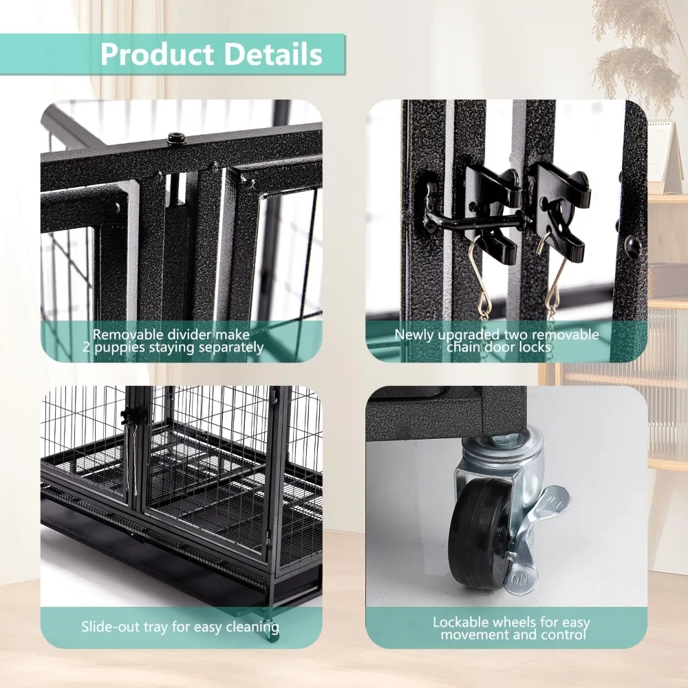 Heavy Duty Indestructible XL Dog Crate Steel Escape Proof, Indoor Double Door High Anxiety Cage (48-Inch-Wire Double-Black)