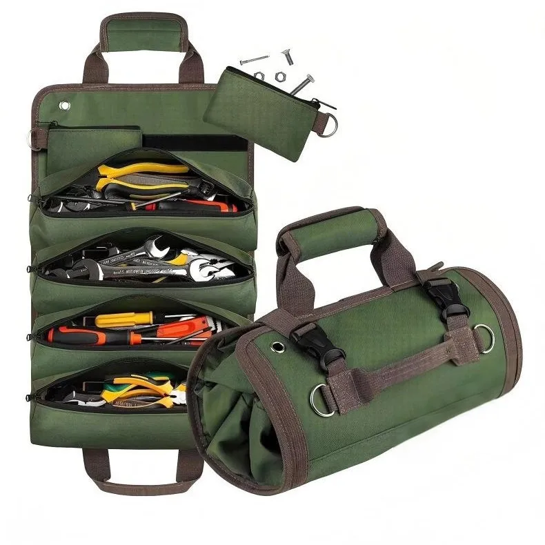 Roll Up Canvas Tool Bag, Multi Pocket Portable Hardware Storage Pouch with Detachable Zipper Pouch for Electrician Tools