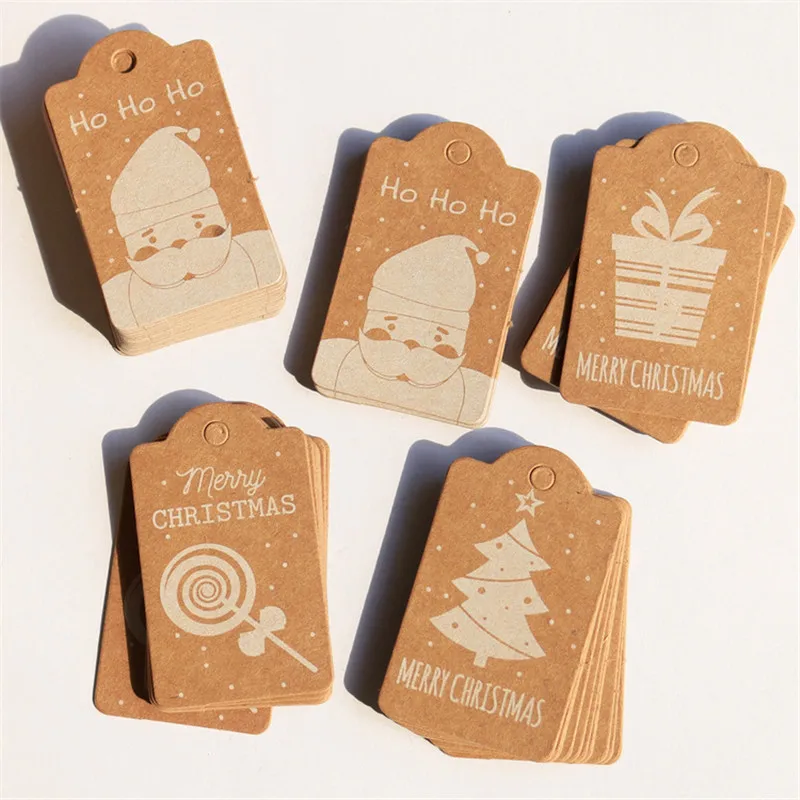 50pcs/lot Christmas Design Kraft Paper Tag Xmas Hang Tag Product Price Label Gift Box Wrapper Garment Tags Xmas Party Supplies