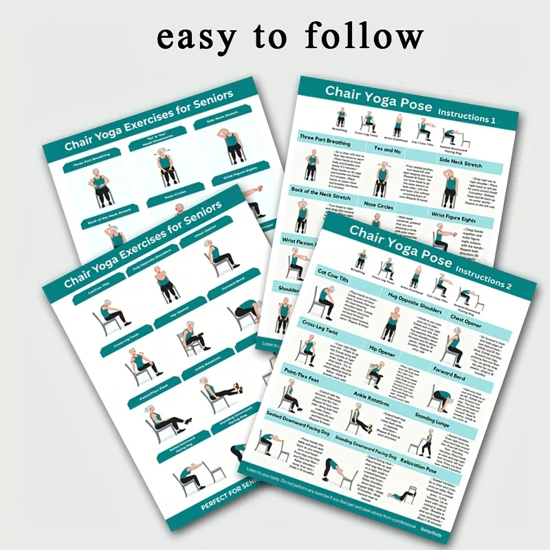 4 قطع مخطط اللياقة البدنية لتمارين اليوجا، للمبتدئين وكبار السن، دليل ممارسة اليوغا، تدريب المرونة، تمرين التحدي، مخطط اللياقة البدنية لليوجا للكرسي