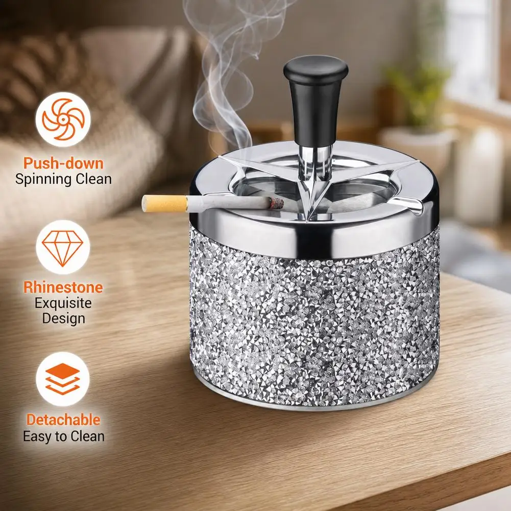 Cool Ashtray Stainless Steel Push Down Spinning Ashtray Self-Cleaning Ashtray With Lid Cover Ash Tray for Cigarette Smoking