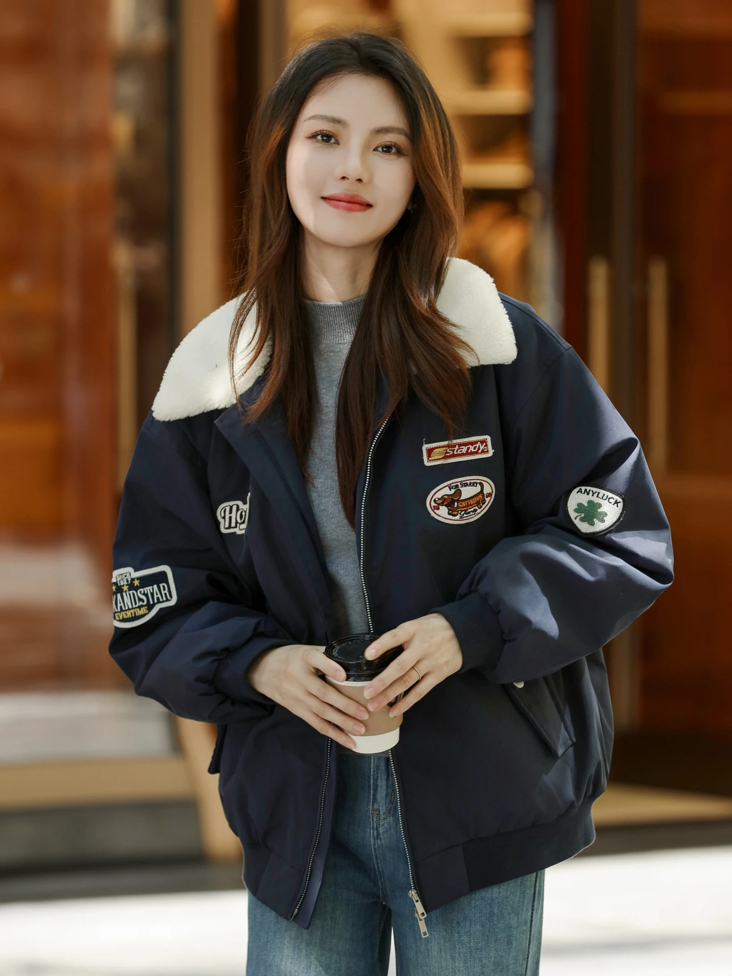 여성용 루즈 학생 겨울 신상품 미국식 야구 스타일 코트 한국 버전 스트레이트 롱 코트