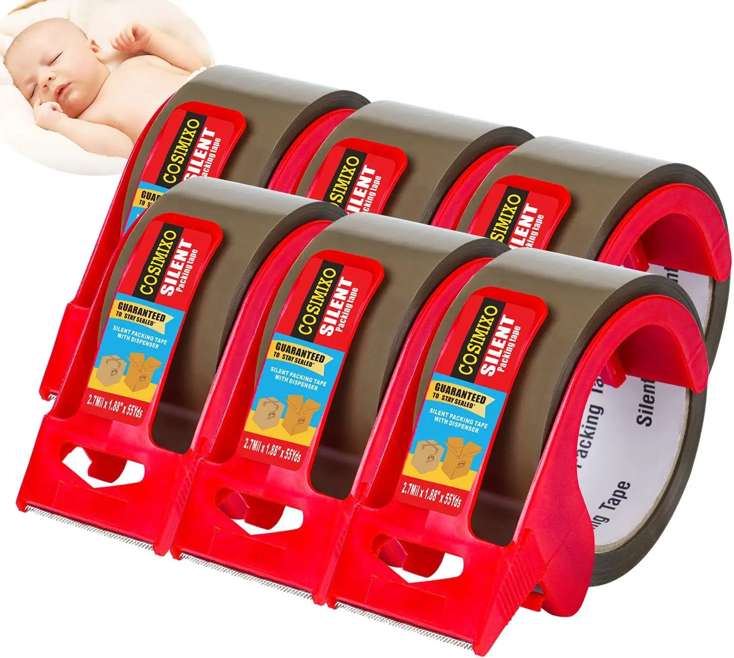 

6-Pack No Noise Clear Packing Tape with Dispenser,2.7mil x 1.88" x 55Yds Heavy Duty Noiseless Packing Tape,Packaging Tap