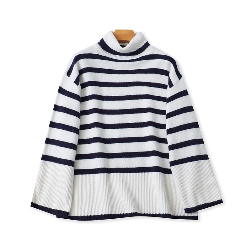 

Осень-зима женский свободный повседневный трикотаж в полоску с высоким вырезом для похудения универсальный антивозрастной удобный длинный топ све