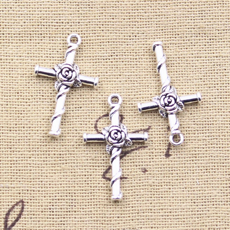 30pcs Charms Cross Rose Flower 26x15mm Antique Silver Color Pendants DIY Crafts Making Findings Handmade Tibetan Jewelry