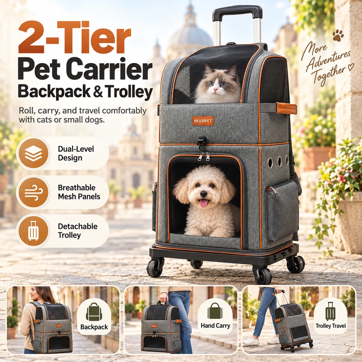 Moorpet 2-in-1 Wheeled Pet Backpack, Foldable Breathable Large Capacity Rolling Carrier for Outdoor Travel with Cats and Dogs