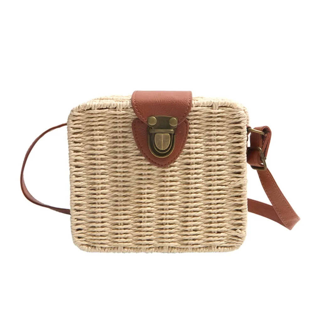 

Casual Bohemian Rattan Weave Bag Ethnic Style Hollowed Out Square Crossbody Bag Leather Buckle Handbag Straw Shoulder Bag Beach