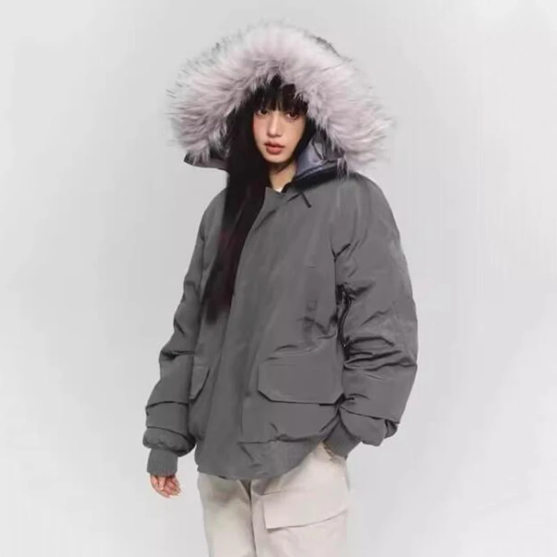 New Winter White Duck Down Jacket Women Loose Large Fur Collar Coat Hooded Warm Outerwear Female Casual Windproof Parkas