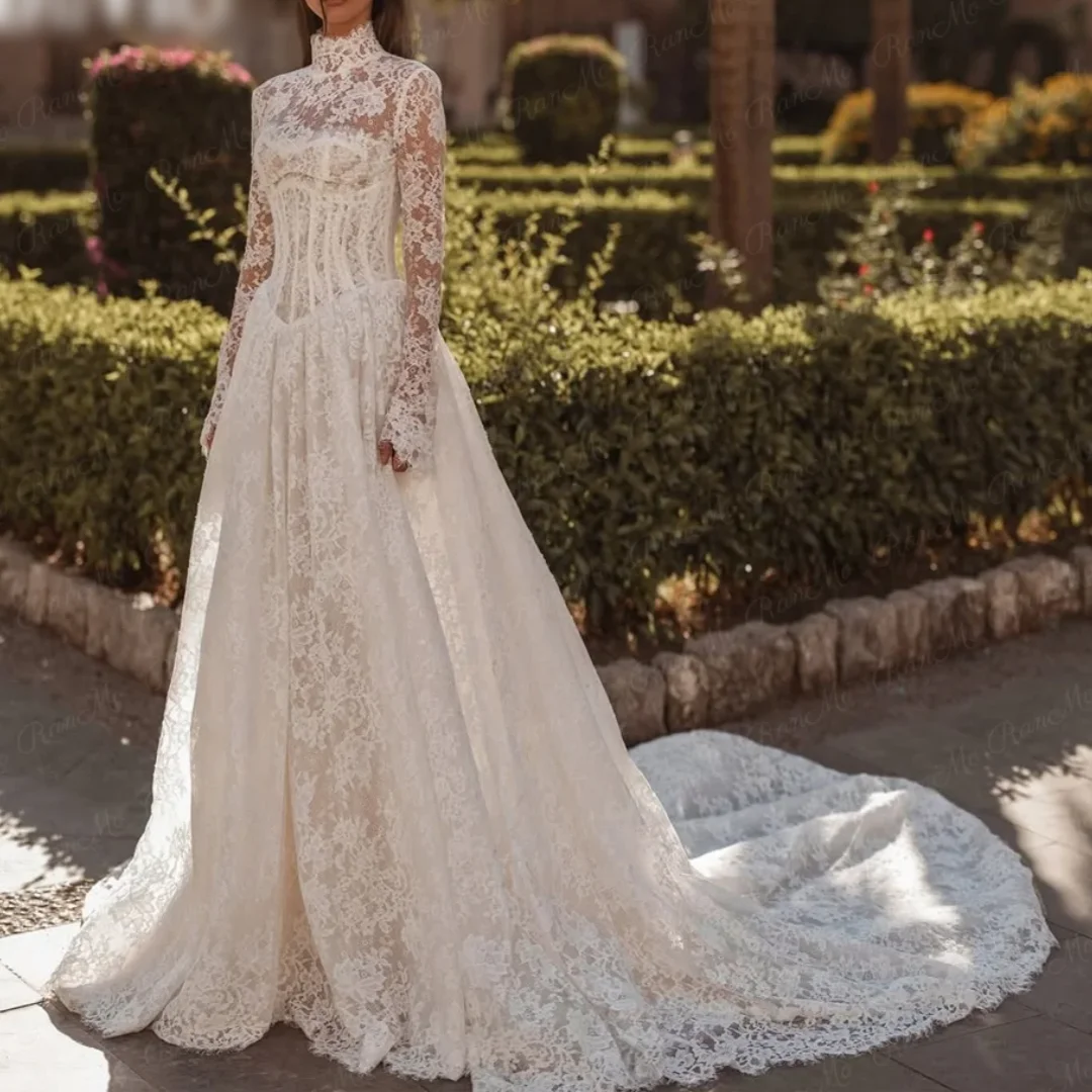 رقبة عالية على شكل حرف a كم كامل دانتيل فساتين زفاف فاخرة بوهو لحفلات الزفاف فستان حفلة موسيقية جديد 2025 فستان زفاف أبيض مخصص #1