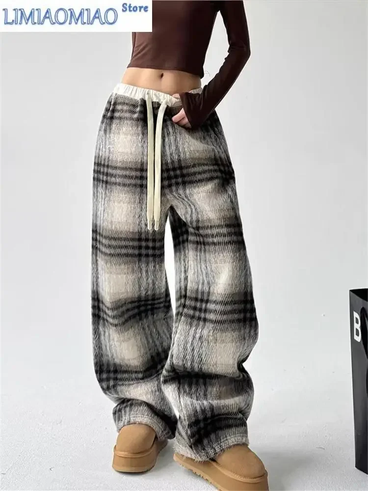 

Women's Woolen Plaid Pattern Autumn Winter Casual Pants Cool Girl Wide Leg Vintage Streetwear Female Elastic Waist Trousers