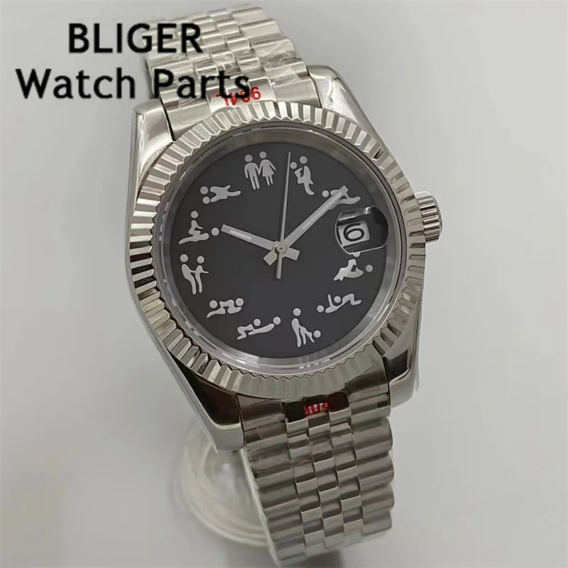 BLIGER 36mm/39mm NH35 Automatic WatchFluted Bezel Sapphier Glass Green Luminous Jubilee and New jubilee stainless steel strap