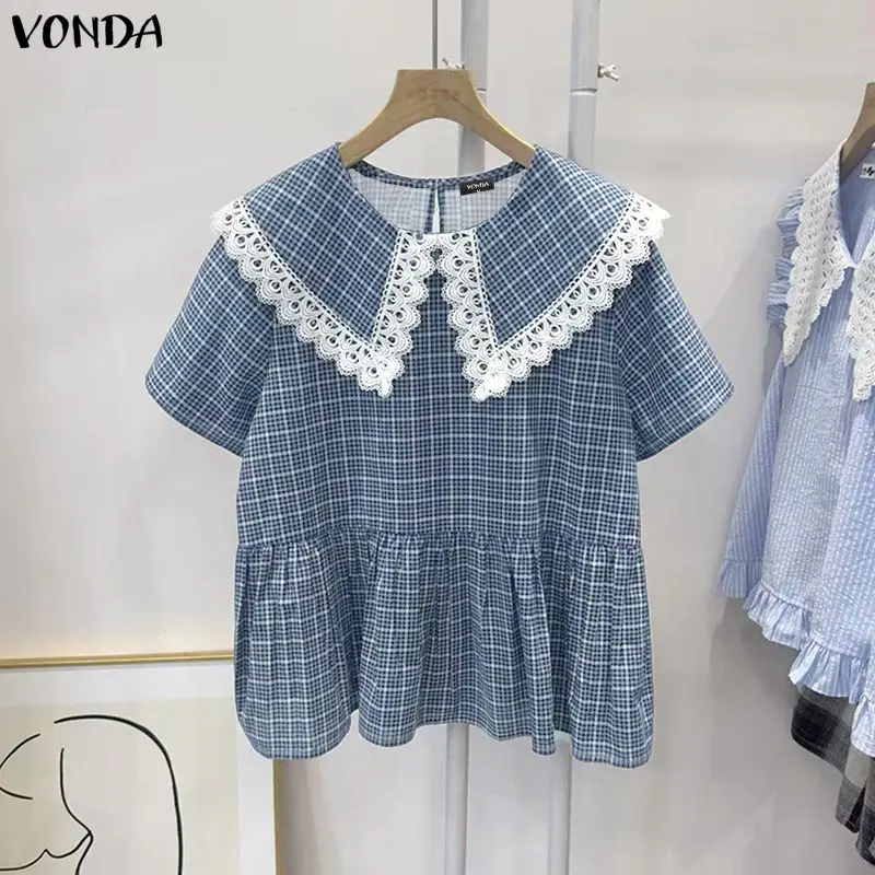 Vonda Elegante Korte Mouw Blouse Vrouwen Zomer Plaid Tops 2026 Mode Peter Pan Kraag Kant Blusas Vrouwelijke Casual Losse Shirts