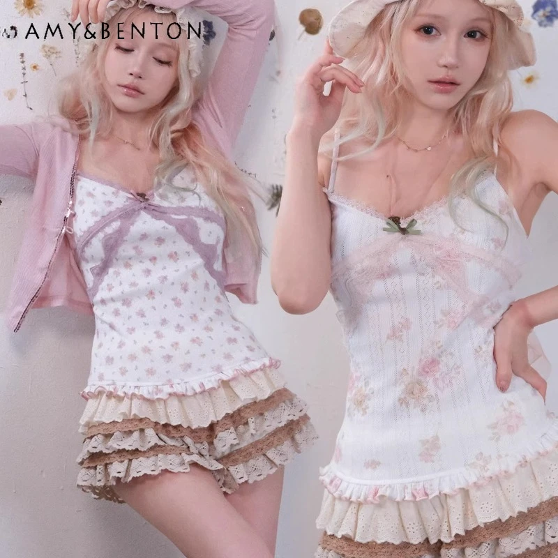 

2026 Summer New Cute Floral Women's Clothing Original Design Sweet Cool Lace Splicing Elastic Sling Off-the-shoulder Vest Ladies