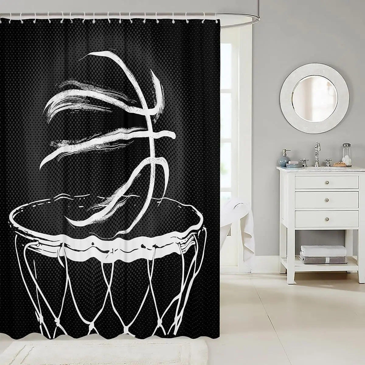 Basketball Shower Curtain Ball Sports Gaming Theme for Kids Boy Teen Room Decor Black and White Style with Hooks