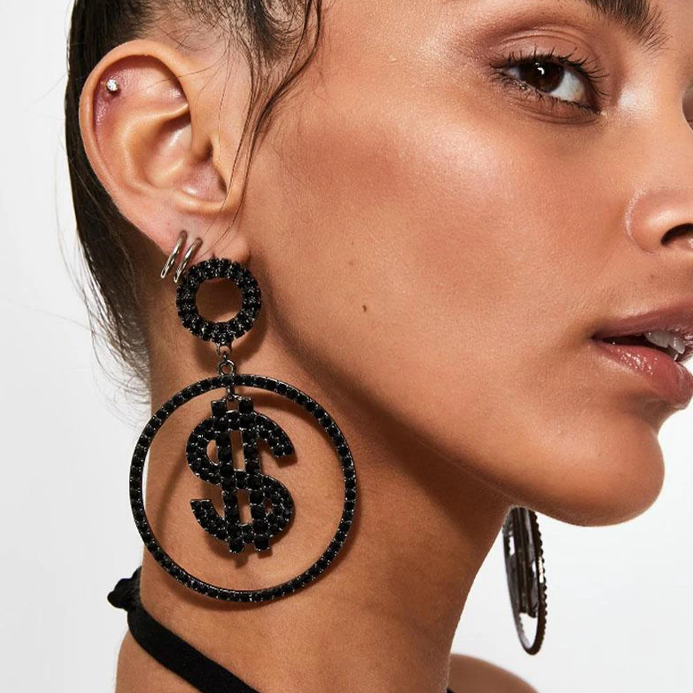 Stonefans Black Dollar Dangle Earrings for Women Accessories Summer Statement 2023 Round Rhinestone Earrings Hoops Stud Jewelry