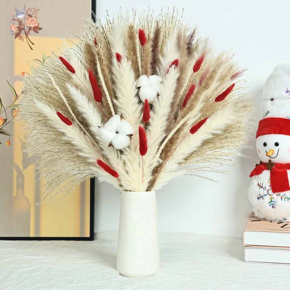 

80pcs Christmas Dried Flower Bouquet Decorative Party Home Table Vases White Red Fluffy Pampas Grass Cotton Bunch Festival Decor