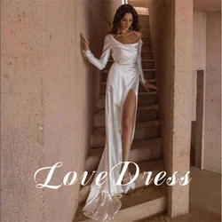 Customized Elegant Long Sleeves One Shoulder Boat Neck Soft Stain Mermaid Wedding Dresses High Side Slit Floor Length Vestido