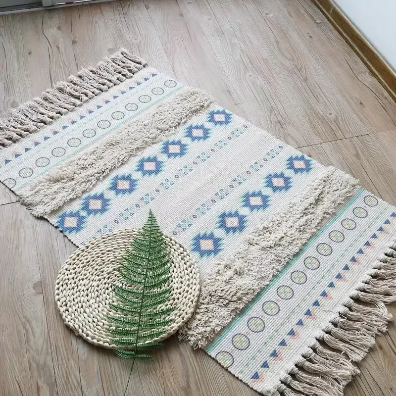 Cotton Tassel Home Weave Carpets 3d Tufted Carpet Rug Bedside Rug Geometric Floor Mat Carpet for Living Room Bedroom Home Decor