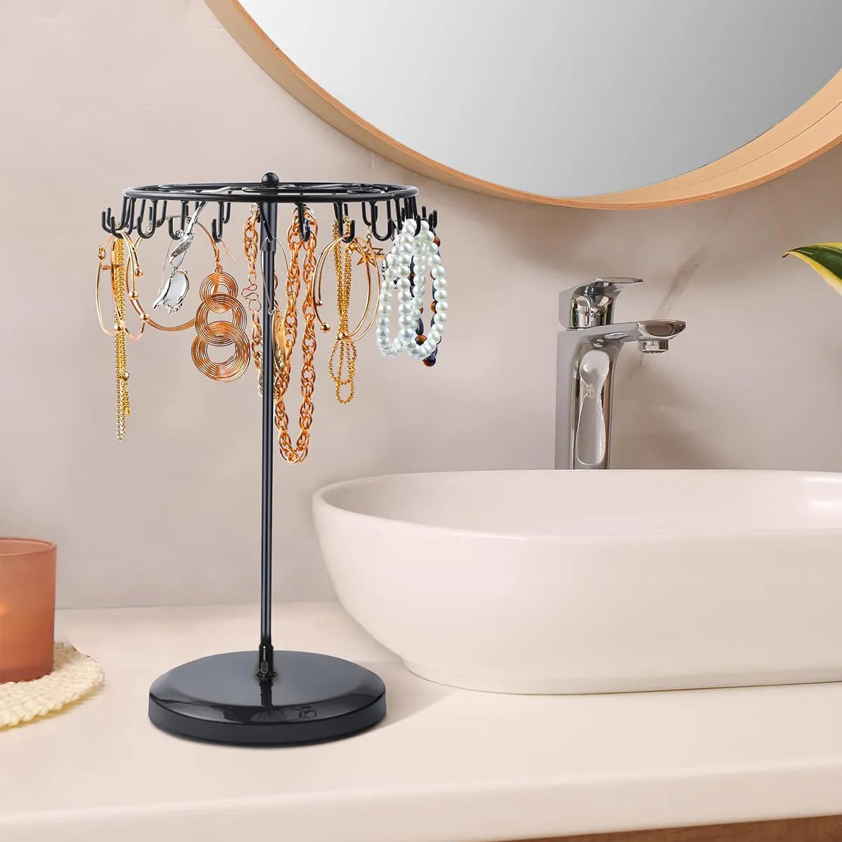 قطعة واحدة من رف المجوهرات الحديدي، رف عرض القلادة الدوار مع 23 خطافًا، رف تخزين المجوهرات، مناسب للأقراط والأساور وما إلى ذلك