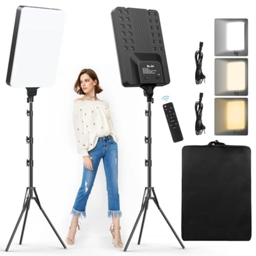 

【New model】2-Pack 24'' LED Video Light Kit 2800-7500K Dimmable Photography Lighting with Remote and 75inches Stand CRI 96+ Stud