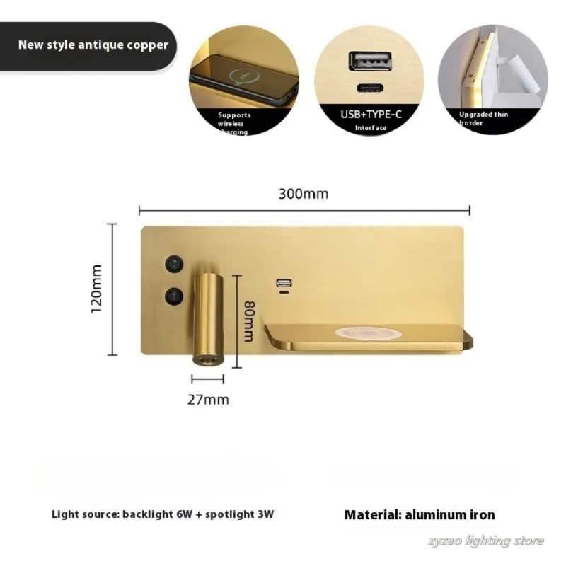 Wireless Charging Reading Wall Lamp with Switch Backlight Atmosphere Wall Hanging Lamp Bedroom Bedside High-end Wall Lights