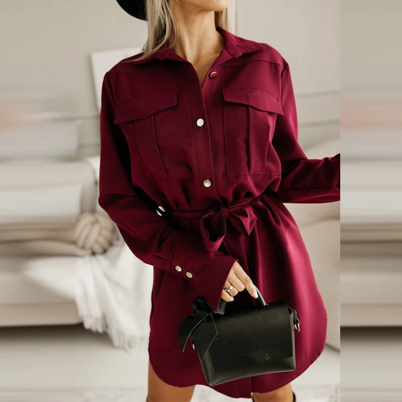 Women Fashion Lace-up Waist Short Dress Causal Long Sleeve Pockets A-Line Dress Elegant Lapel Single Breasted Solid Shirt Dress