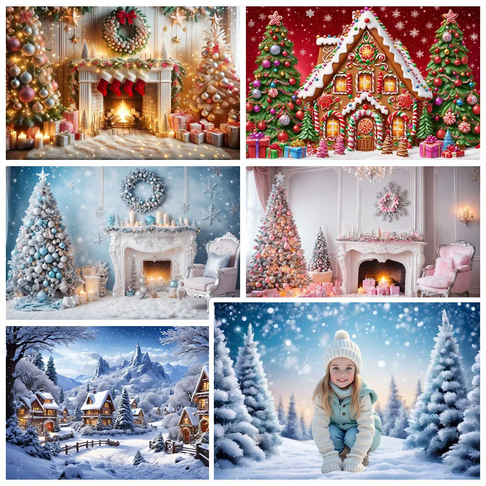 

MOON.QG Christmas Santa Gingerbread House Photography Backdrop Background Outdoor Green Pine Xmas Photocall Party Shooting props