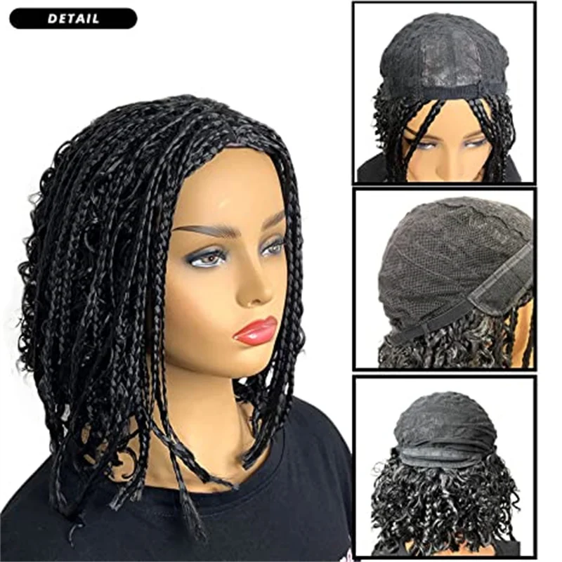 14 Inch Short Box Braided Bob Wig for Black Women Curly Goddess Box Braids Wigs Synthetic Natural Color Bob Hair Daily Use