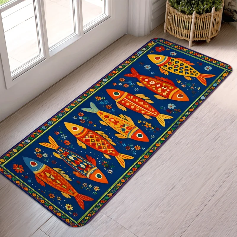 VIKAMA Vintage Floral Folk Art Colorful Fish Kitchen Runner Rug Non Slip Washable Anti Fatigue Hallway Floor Mat Home Decor