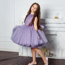 Vestido de flores de lavanda a la moda para niña, vestido de bola de cuello redondo, vestidos de fiesta de cumpleaños para niña, vestido de baile corto de tul