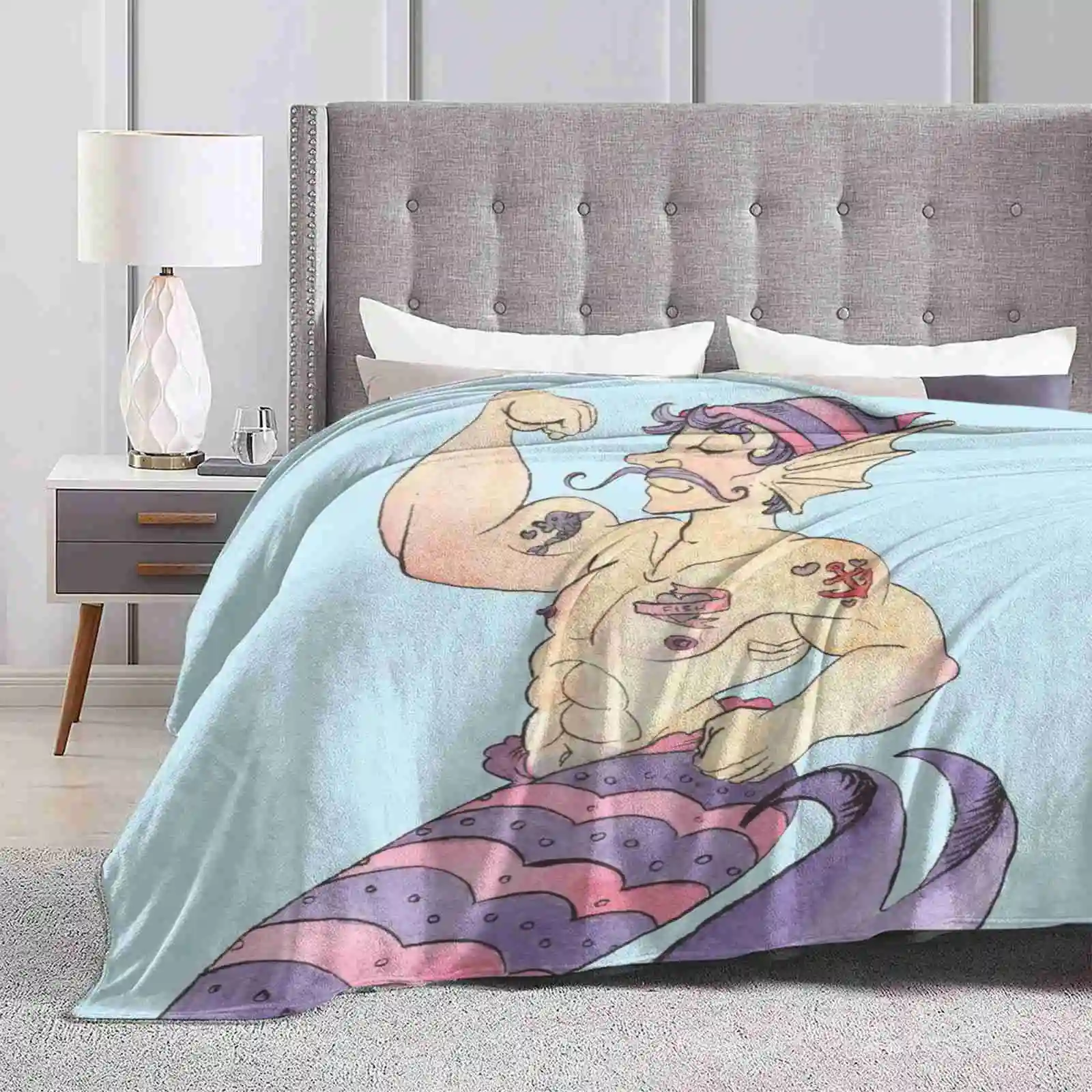 Mermay Sailor Merman With Tattoos Watercolor New Selling Custom Print Flannel Soft Blanket Mermay Merman Merfolk Fairy Fairie