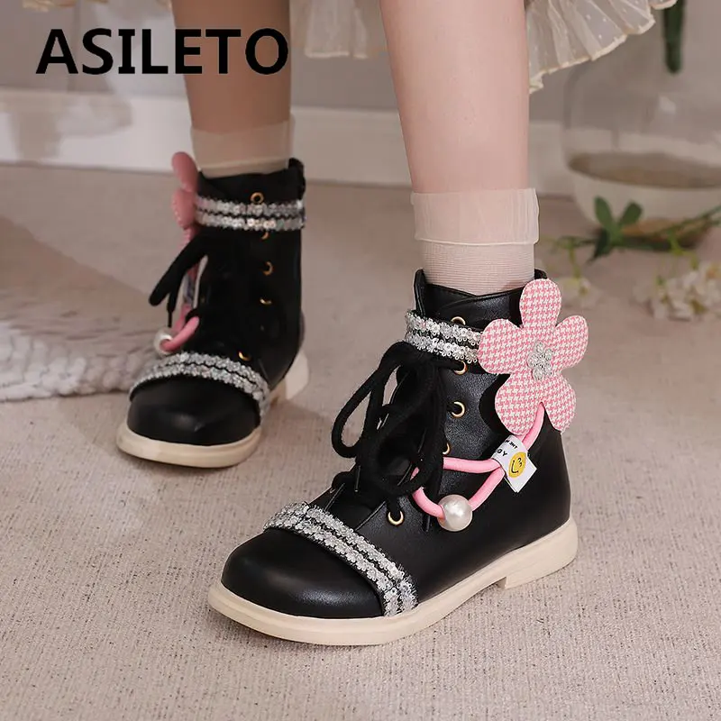 

ASILETO Sweet Girl Ankle Boots Small Size Princess Dating Shoes Autumn Bota Round Toe Fltas Zipper Lace Up Flower Flower PU Hot