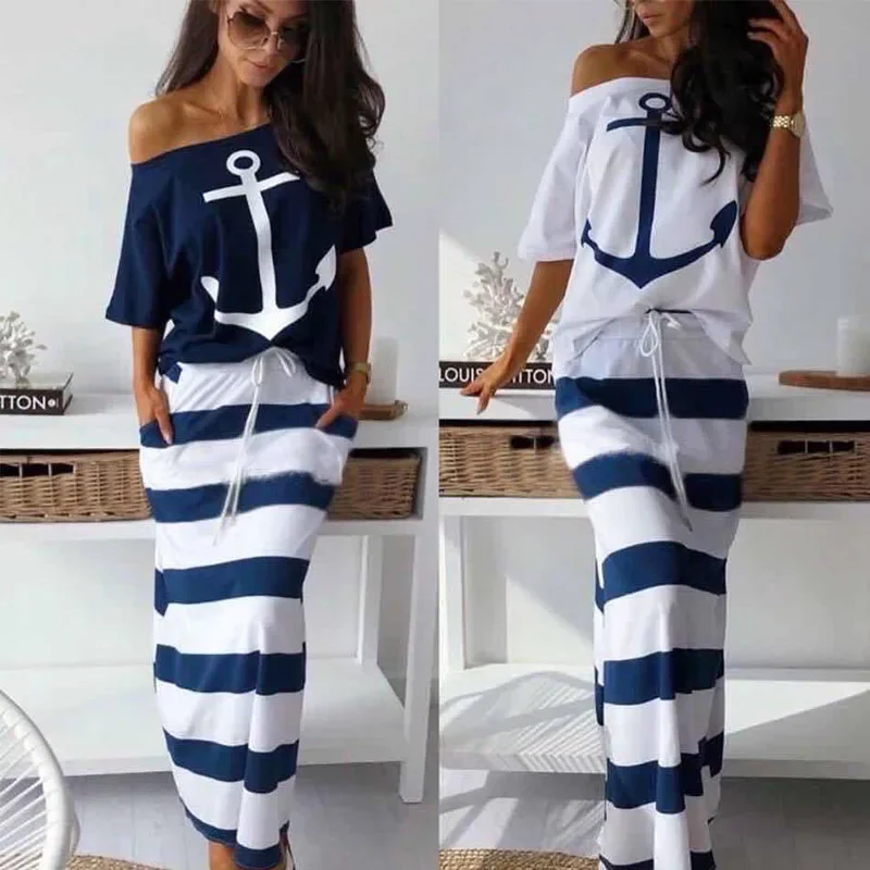 Boat Anchor Print Top T-Shirt & Striped Maxi Skirt Women Two Piece Outfits Fashion Off Shoulder Two Pieces Sets Tops and Skirts