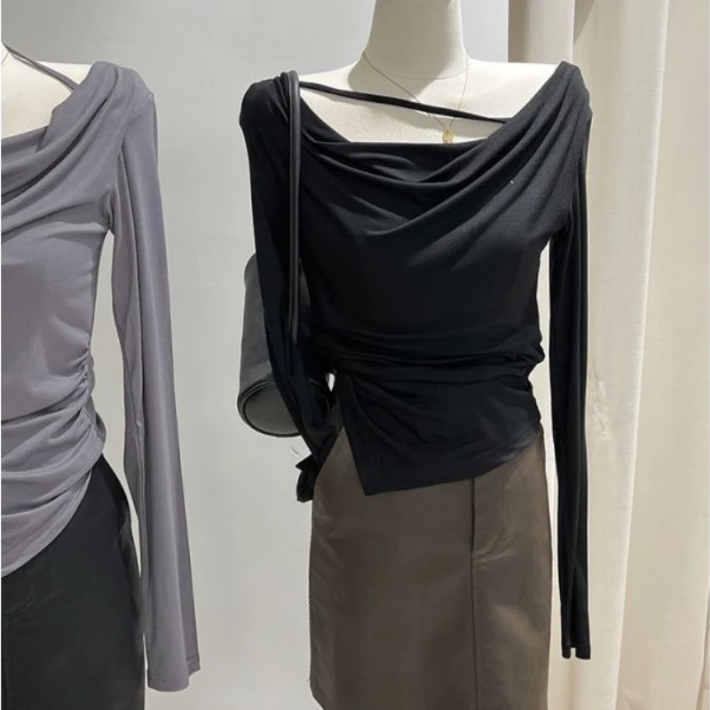 Irregular T-shirts Women Slim Sexy Crop Tops Long-sleeve Popular Lady Gentle Folds Designed Chic Korean Style New Spring Leisure