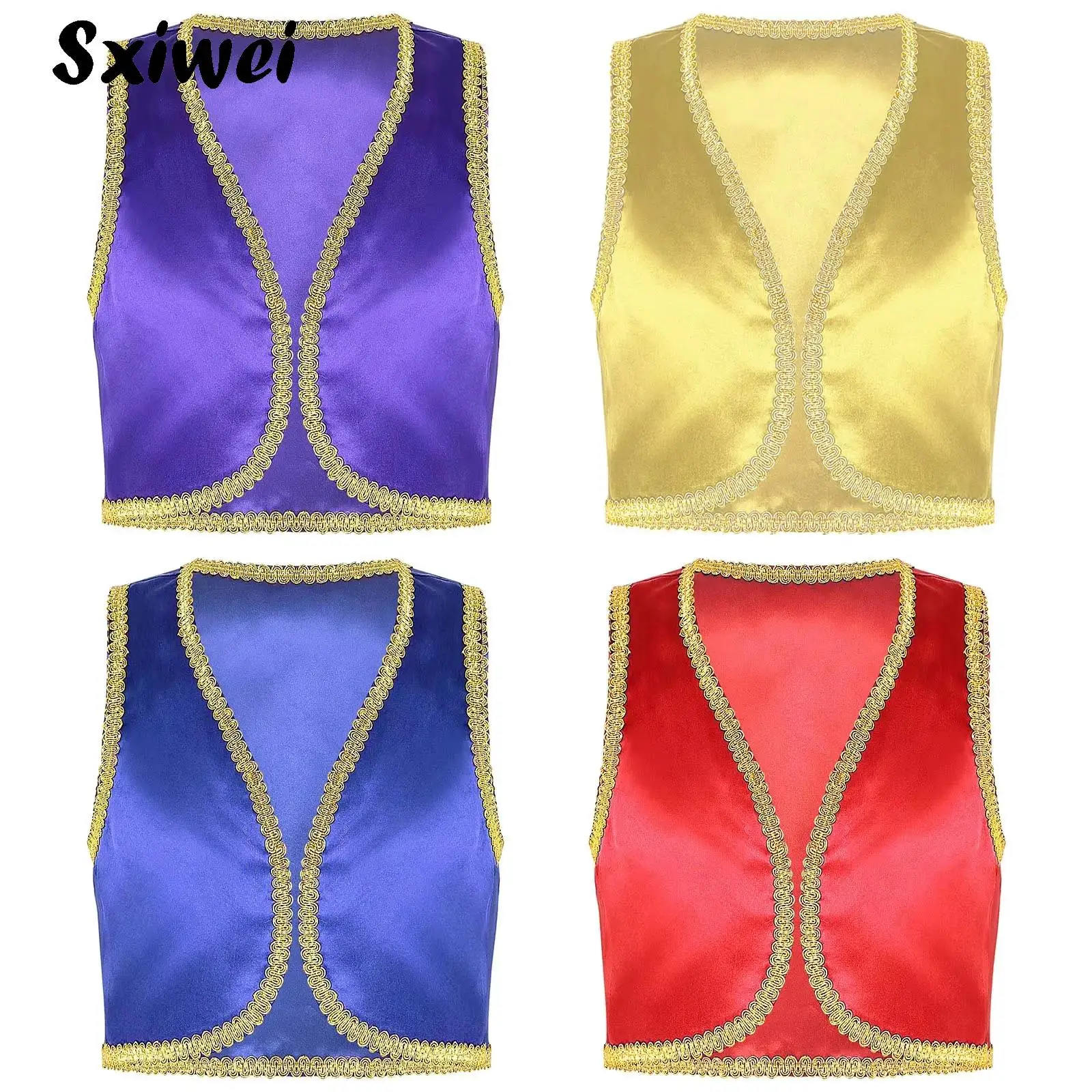 

Halloween Arabian Prince Genies Cosplay Costume for Children Boys Fairytale Satin Waistcoat Vest Fancy Party Dress Up Tops